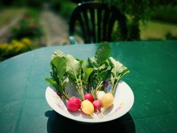 Close-up of fruits in plate on table