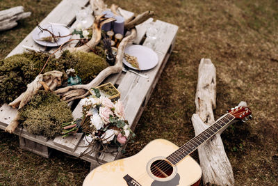 High angle view of guitar on grass
