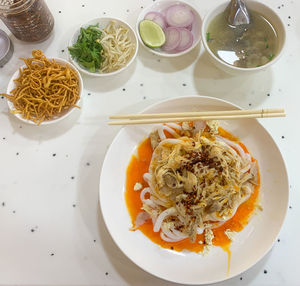 High angle view of meal served on table