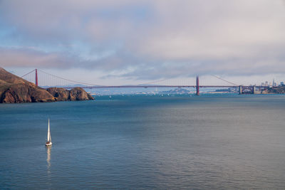 View of suspension bridge over sea