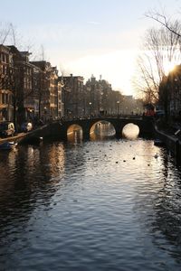 Bridge over river in city against sky