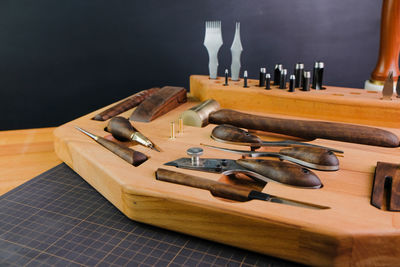 High angle view of work tools on table