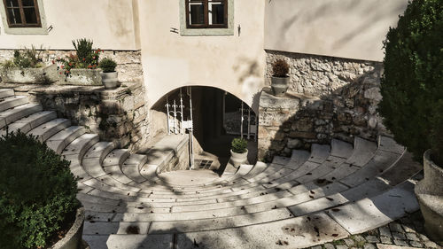 High angle view of staircase by building in city