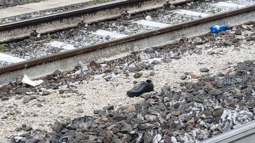 High angle view of pigeons on railroad track