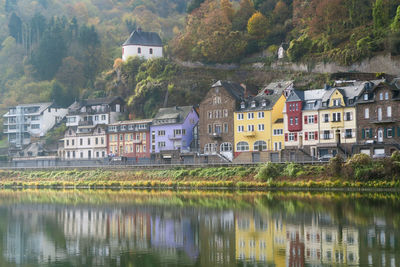 Reflection of trees and buildings in lake