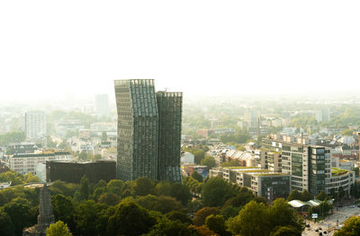 High angle view of buildings against clear sky