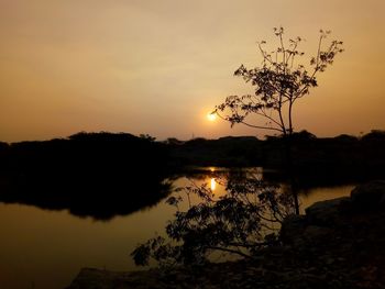 Silhouette tree by lake against sky during sunset