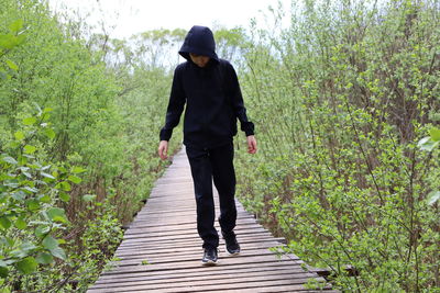 Rear view of man walking on footpath amidst trees