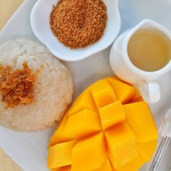 High angle view of breakfast on table