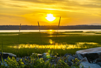 Scenic view of lake against sky during sunset