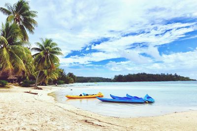 Boats on beach against sky
