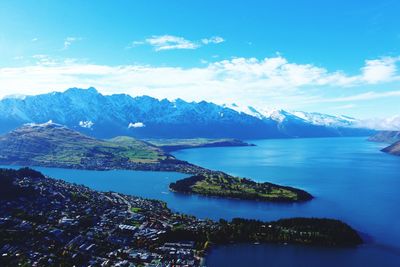 Scenic view of sea and mountains against sky