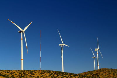 Low angle view of wind turbines on field against clear sky