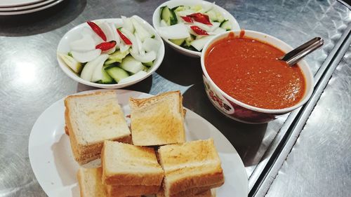 High angle view of breakfast on table