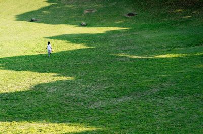 Shadow of people on grassy field