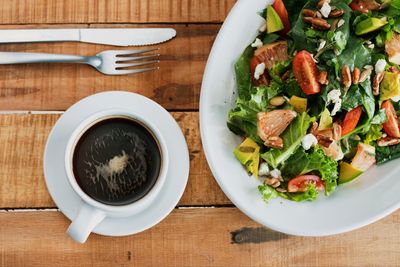 High angle view of breakfast served on table