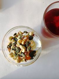 High angle view of food in bowl on table