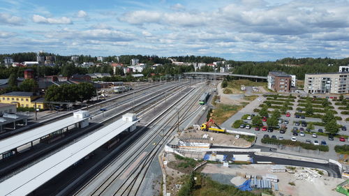 High angle view of city street against sky