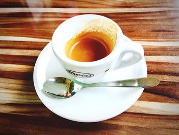 High angle view of coffee cup on table