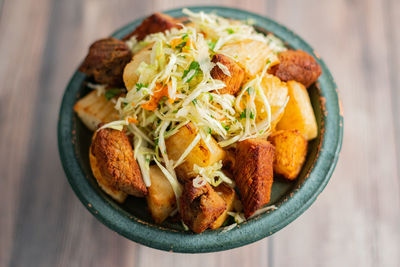 High angle view of food in plate on table