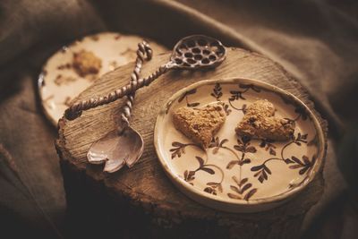 High angle view of cookies on table