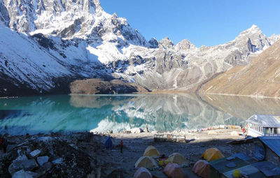 Idyllic view of snowcapped mountains against clear sky