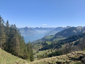 Scenic view of mountains against clear blue sky