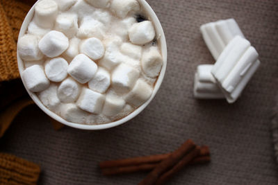 High angle view of ice cream in bowl on table