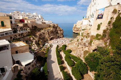 High angle view of town by sea