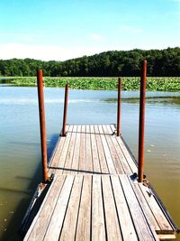 Pier over lake against clear sky