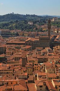 High angle view of townscape against clear sky