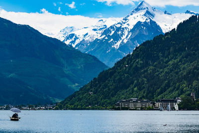 Scenic view of lake and snowcapped mountains against sky