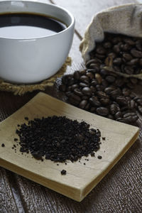 High angle view of coffee cup on table