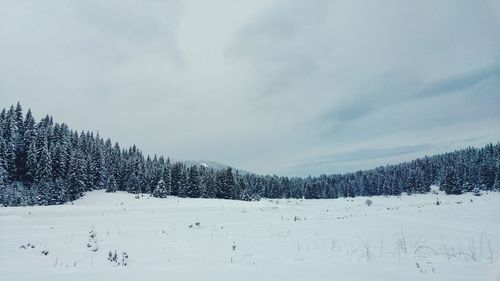 Scenic view of snow covered landscape against sky