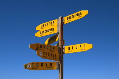 Close-up of road signs against clear blue sky