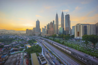 View of city at sunset