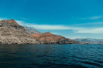 Scenic view of sea by mountain against sky