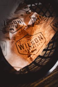 High angle view of text on table