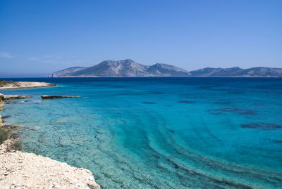 Scenic view of sea against clear blue sky