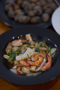 High angle view of noodles in bowl on table