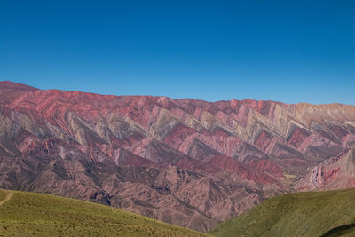 Scenic view of mountains against clear blue sky