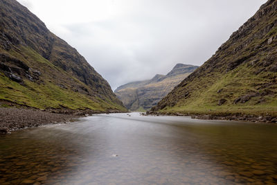 Scenic view of river amidst mountains against sky