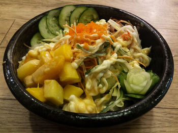 High angle view of salad in bowl on table