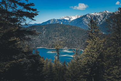 Scenic view of lake and mountains against sky