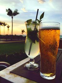 Close-up of beer glass on table