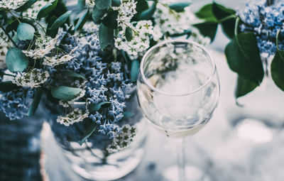 Close-up of wineglasses on table