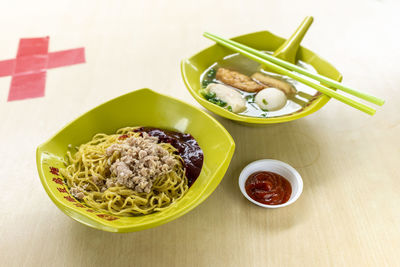High angle view of food served on table
