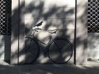 Shadow of bicycle on metal fence