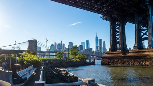 Bridge over river with buildings in background