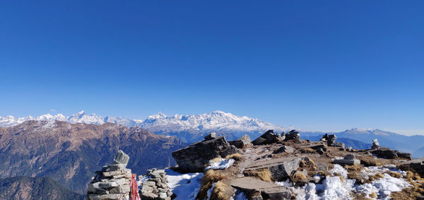 Panoramic view of snowcapped mountains against clear blue sky